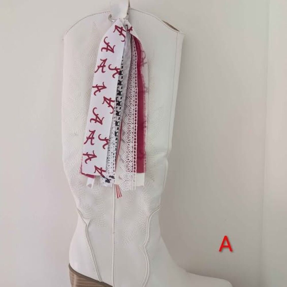 University of Alabama Boot Tassel Ribbons: Crimson Houndstooth Lace